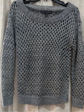 White House Black Market Silver Open-Knit Crewneck Sweater